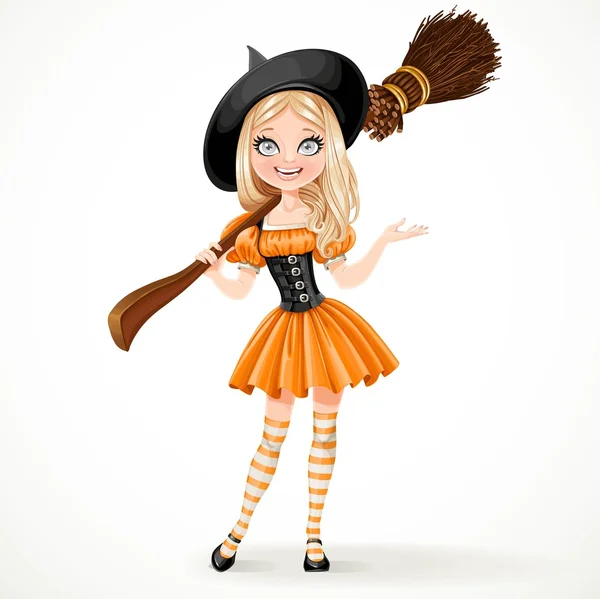 Cute teenage witch in orange dress with a broom on her shoulder — Διανυσματικό Αρχείο