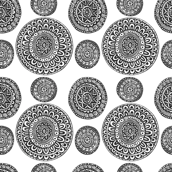 Seamless pattern of round ornaments in ethnic geometric style bl — Stock Vector