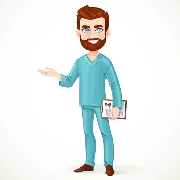 Bearded doctor in green surgical suit holding medical history an — Vector de stock