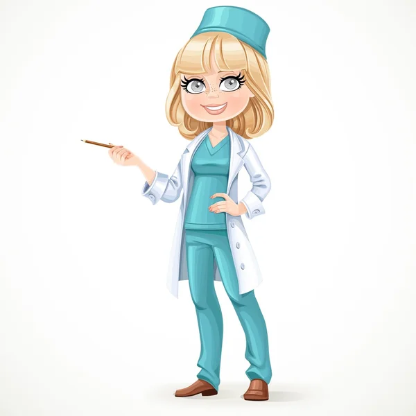 Beautiful girl doctor in surgeon costume and medical coat showin —  Vetores de Stock