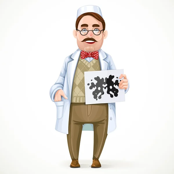 Psychiatrist doctor in a white coat and a Rorschach test in hand — Vector de stock