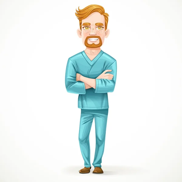 Cute male doctor in green surgical suit with arms folded isolate — Image vectorielle