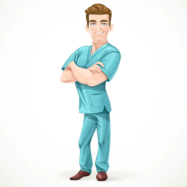 Cute men doctor in a green surgical suit and folded hands on che — Vetor de Stock