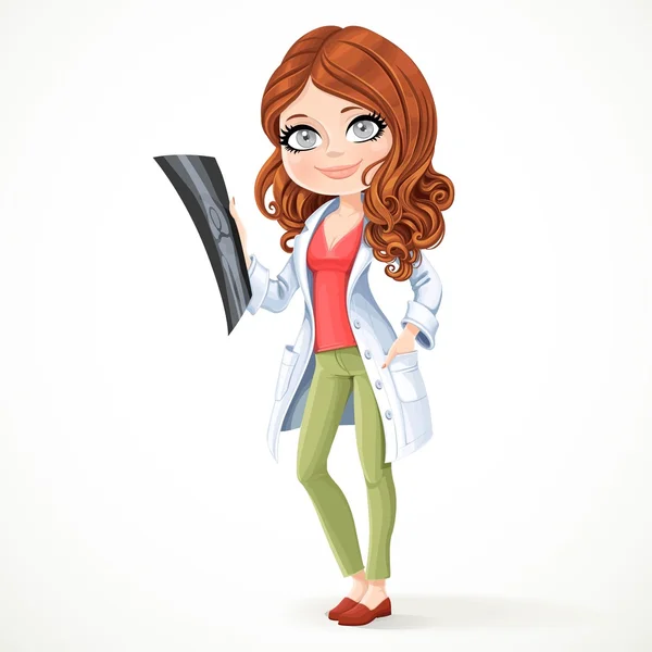 Cute woman doctor in a white coat standing on white background a — Stockvector