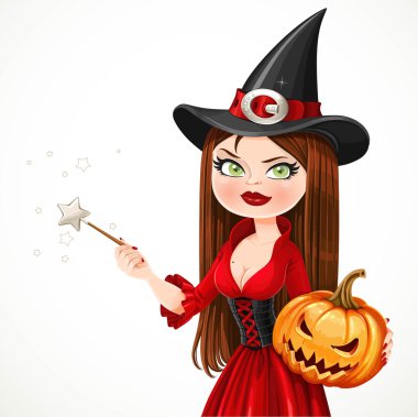 Beautiful witch portrait in a red dress holding a pumpkinand magic wand isolated on a white background