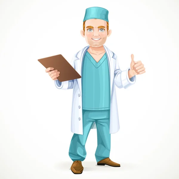 Cute doctor in surgical suit and white lab coat holding a medica — Stok Vektör