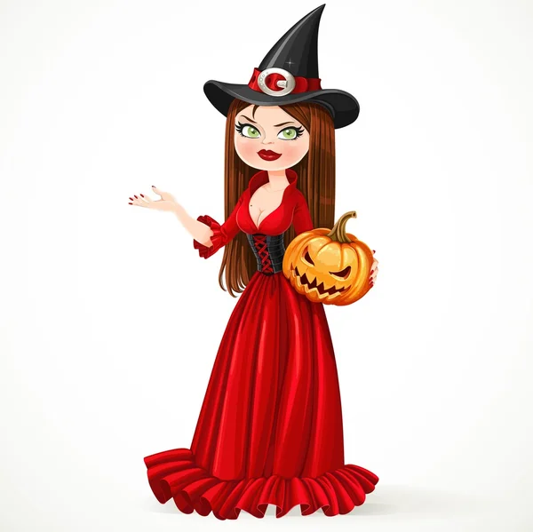 Beautiful witch in a red dress holding a pumpkin showing hand as — Stok Vektör