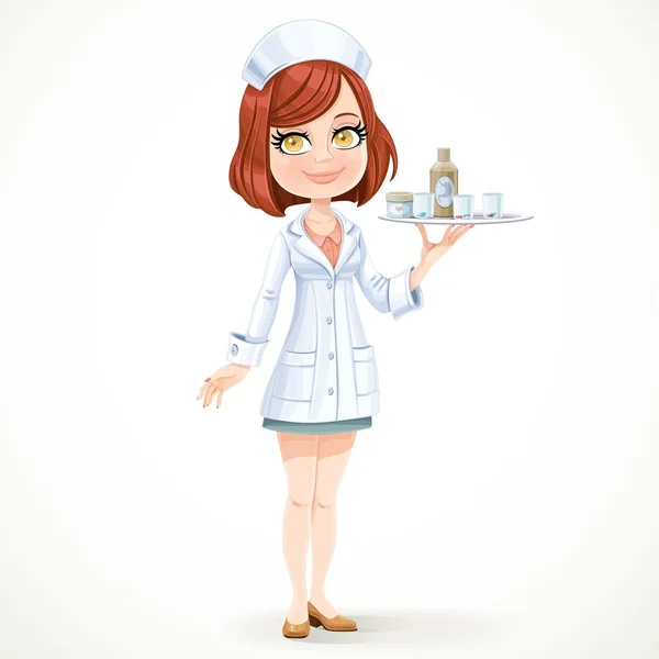 Cute girl nurse in white medical coat with a tray with a glass o — Vettoriale Stock