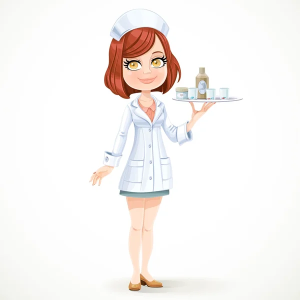 Cute girl nurse in white medical coat with a tray with a glass o —  Vetores de Stock