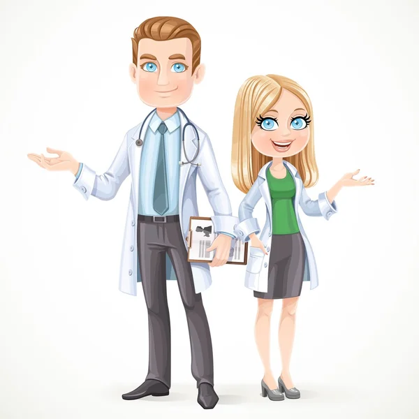 Cute male and womam doctor in a white coat with planchette with — Stockvector
