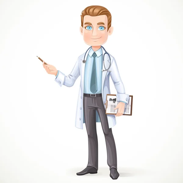 Schattig mannelijke arts in een witte jas met een stethoscoop en geneeskunde — Stockvector
