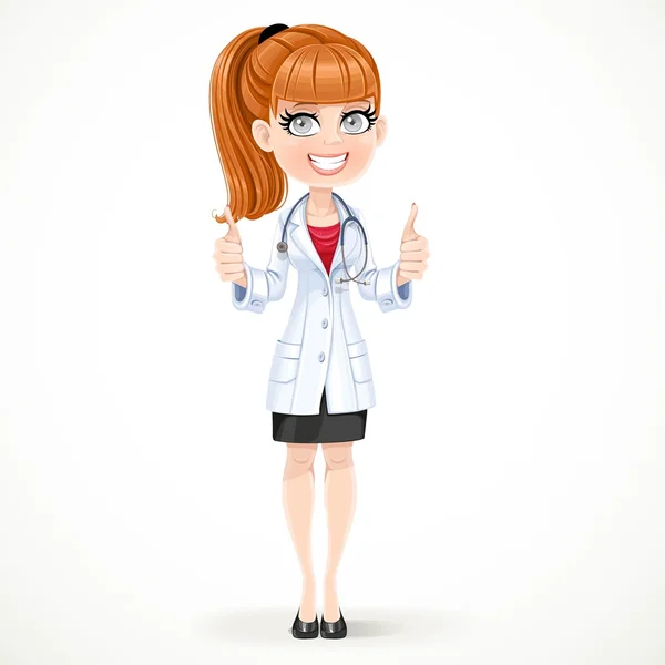 Schöne Mädchen Arzt in einem weißen Kittel medizinische zeigt Geste thum — Stockvektor