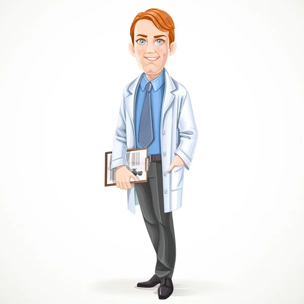 Cute male doctor in a shirt and tie and medical coat isolated on — Stock Vector