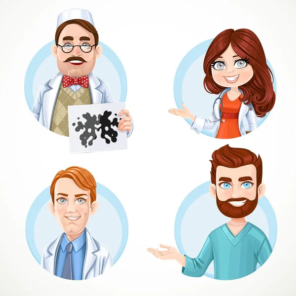 Round avatars portraits of men and women doctors in white medica — Stock Vector