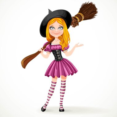 Cute teenage redhaired witch in purple dress with a broom on her clipart