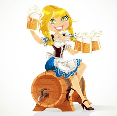 Güzel sarışın bir cam Oktoberfest bira ile oturup bira varil üzerinde