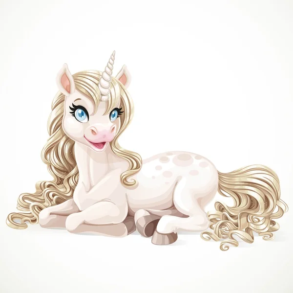 Beautiful magic white unicorn with a golden mane lying on the fl – stockvektor