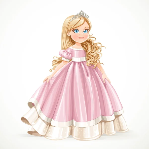 Little blond princess girl in pink ball dress isolated on a whit — Stock Vector
