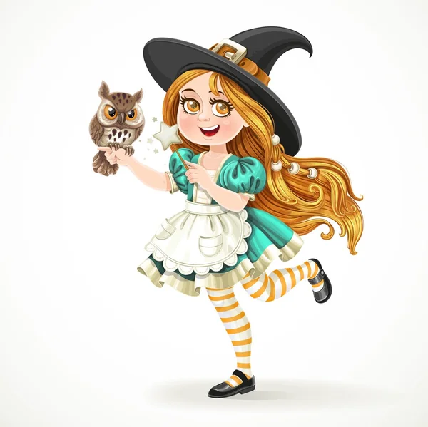 Sevimli küçük kız giyinmiş bir baykuş ve sihirli değnek ile cadı olarak stan — Stok Vektör