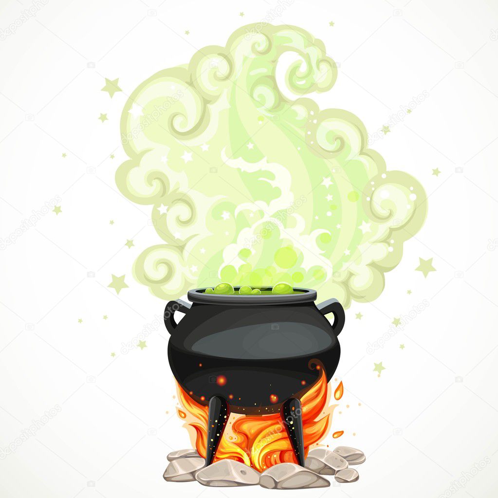 Witches cauldron with green potion and steam to heat the object 