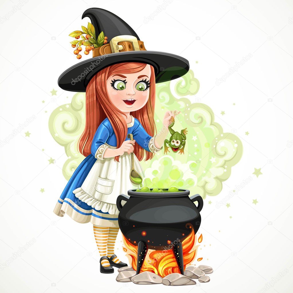 Cute little girl dressed as a witch throwing frog in the cauldro