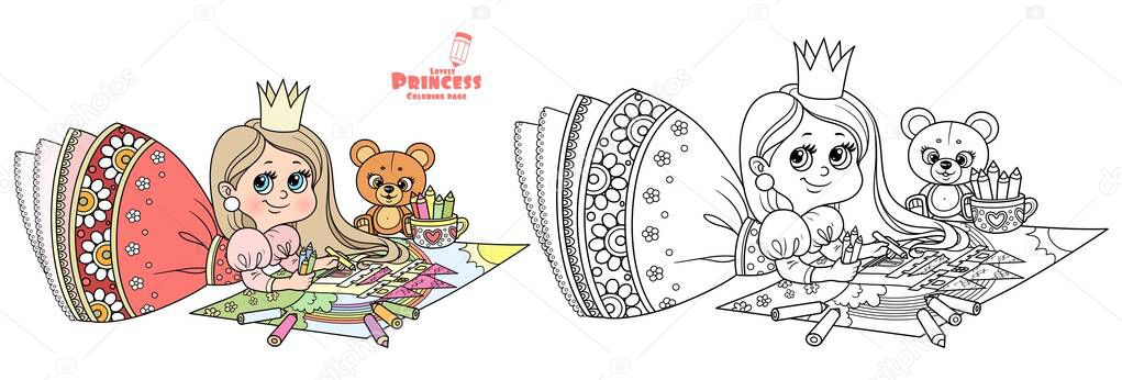 Cute cartoon princess draws with colored pencils lying on the floor outlined and color for coloring book