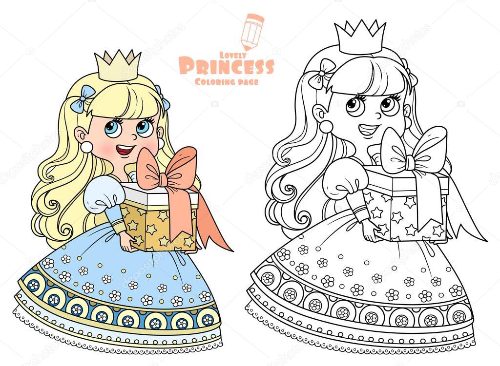 Cute princess in blue dress holding a gift in hands outlined and color for coloring book