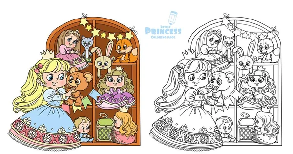 Cute Blond Księżniczka Gra Misia Pobliżu Szafy Zabawkami Zarysowane Kolor — Wektor stockowy