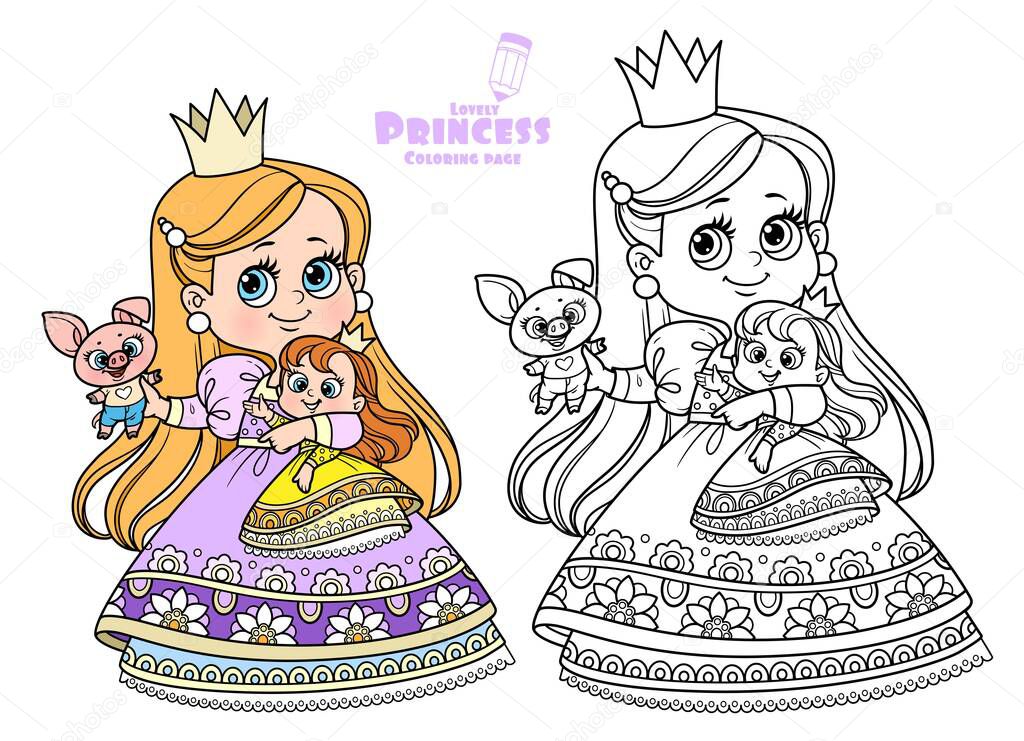 Cute blond princess with doll and soft toy pig outlined and color for coloring book