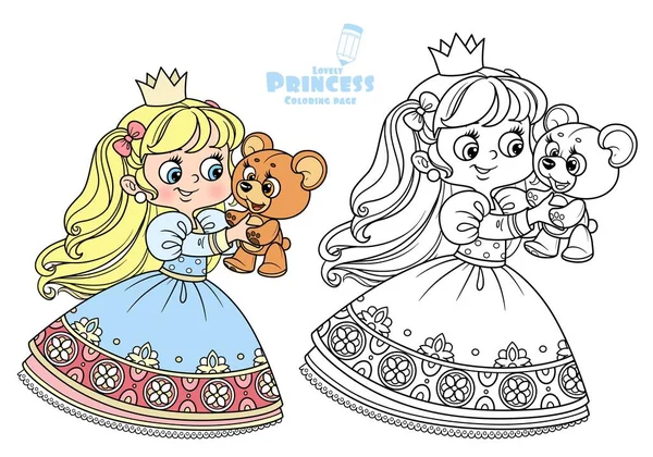 Cute Blond Princess Playing Teddy Bear Outlined Color Coloring Book — Stock Vector