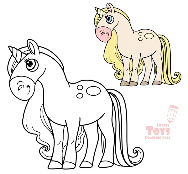 Cute Cartoon Toy Magic Unicorn Outlined Color Coloring Book — Stock Vector