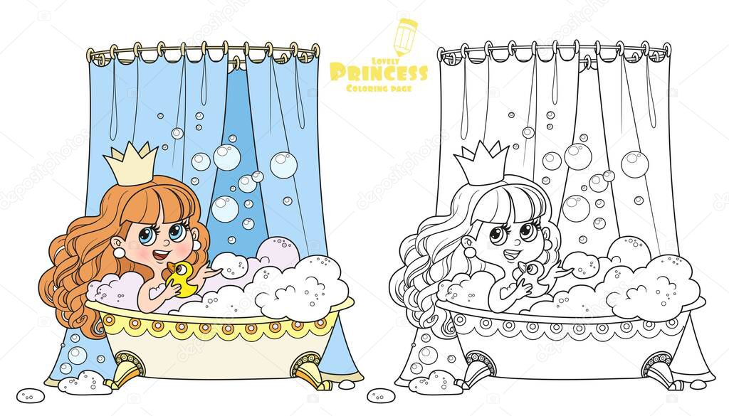 Cute brunette princess taking bath with a duck outlined and color for coloring book