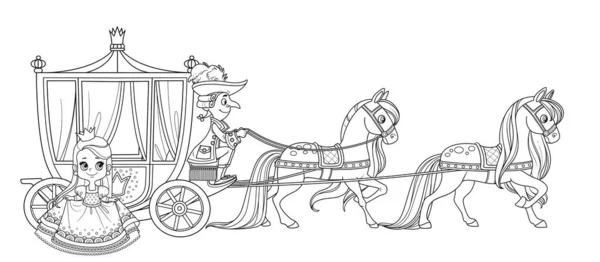 Маленькая Принцесса Выходит Кареты Запряженной Лошадьми Кучером Начертанным Раскраски — стоковый вектор