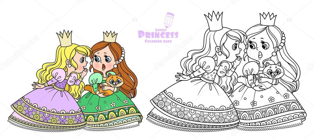 Two cute princesses gossip or secret one of them has a cat outlined and color for coloring book