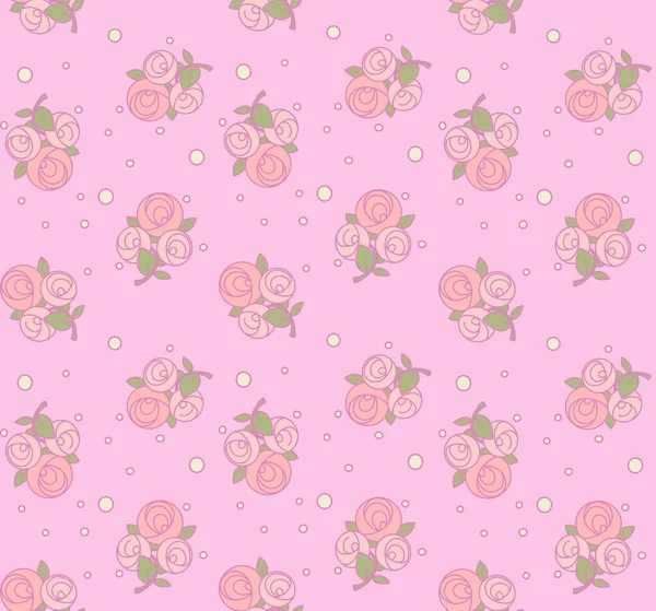 ピンクの背景にピンクの輪郭を持つバラからシームレスなパターン — ストックベクタ