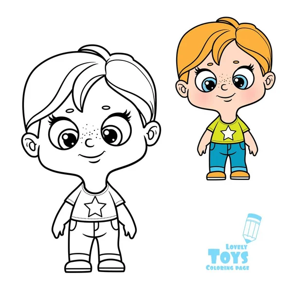 Cute Cartoon Doll Boy Blue Jeans Outlined Color Coloring Book — Stock Vector