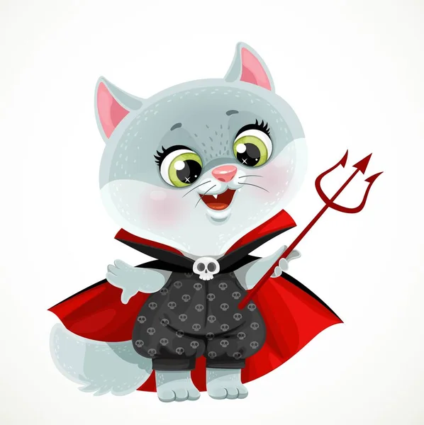 Bébé Chat Dessin Animé Mignon Dans Costume Diable Avec Fourche — Image vectorielle