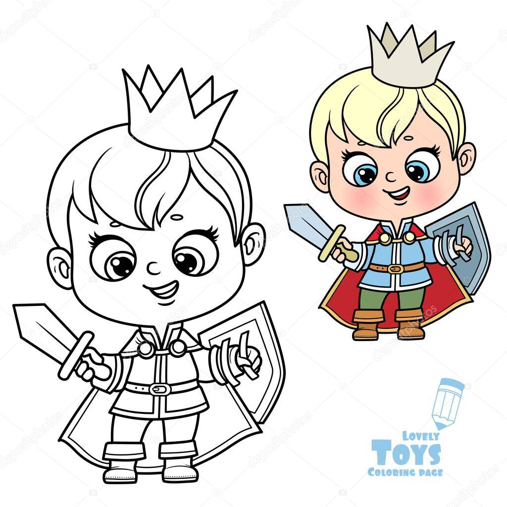 Cute cartoon doll boy princess with sword and shield in hand outlined and color for coloring book