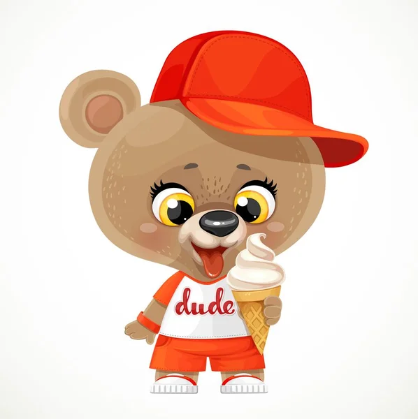 可爱的卡通玩具熊 头戴一顶帽子 吃白色背景的冰淇淋 — 图库矢量图片