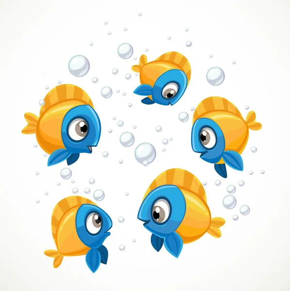 Flock Cute Cartoon Yellow Blue Sea Fishes Isolated White Background — Stock Vector