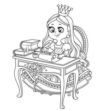 Little princess sits at a table and writes with pen on parchment outlined for coloring book 