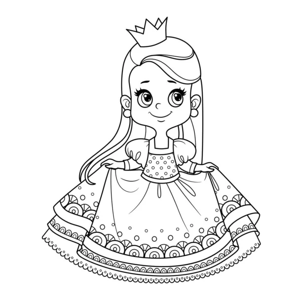 Linda Princesa Exuberante Vestido Delineado Para Colorear Libro — Vector de stock