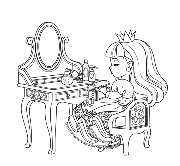 Cute Princess Sitting Dressing Table Outlined Coloring Book — Stock Vector