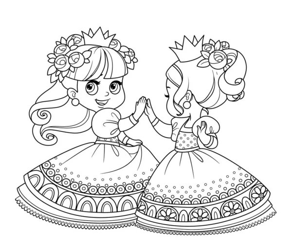 Дві Милі Принцеси Вінках Трояндових Квітів Танцюють Викладені Розмальовки Книги — стоковий вектор