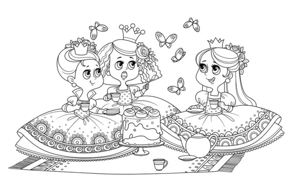Three Cute Princesses Sitting Bedspread Having Tea Party Outlined Coloring — Stock Vector