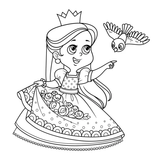 Princesse Mignonne Avec Des Fleurs Roses Dans Ourlet Oiseau Volant — Image vectorielle