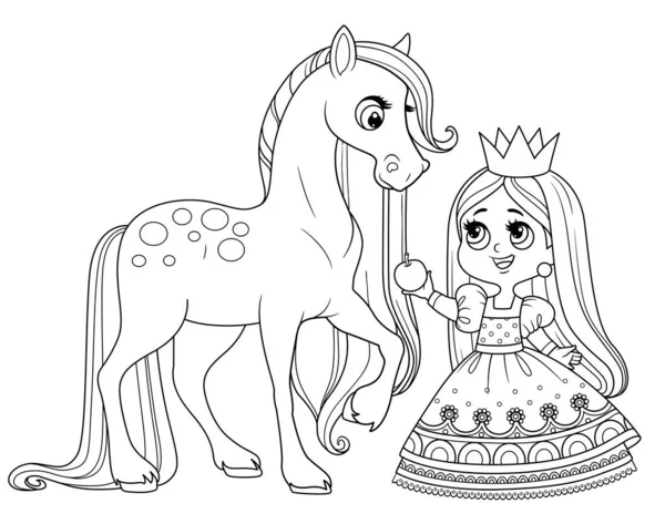 Bonito Desenho Animado Princesa Alimentar Cavalo Uma Maçã Delineada Para —  Vetores de Stock