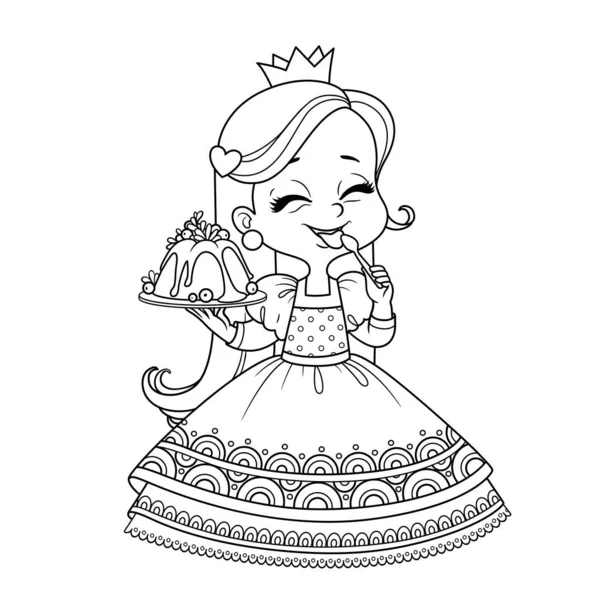 Princesse Mignonne Tient Cupcake Main Lèche Cuillère Tracée Pour Livre — Image vectorielle