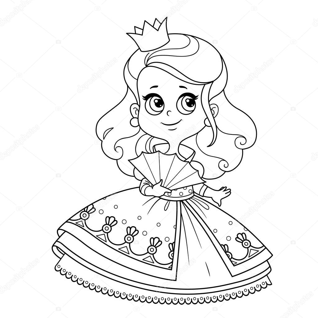 Cute curly haired princess in ball dress with fan outlined for coloring book 