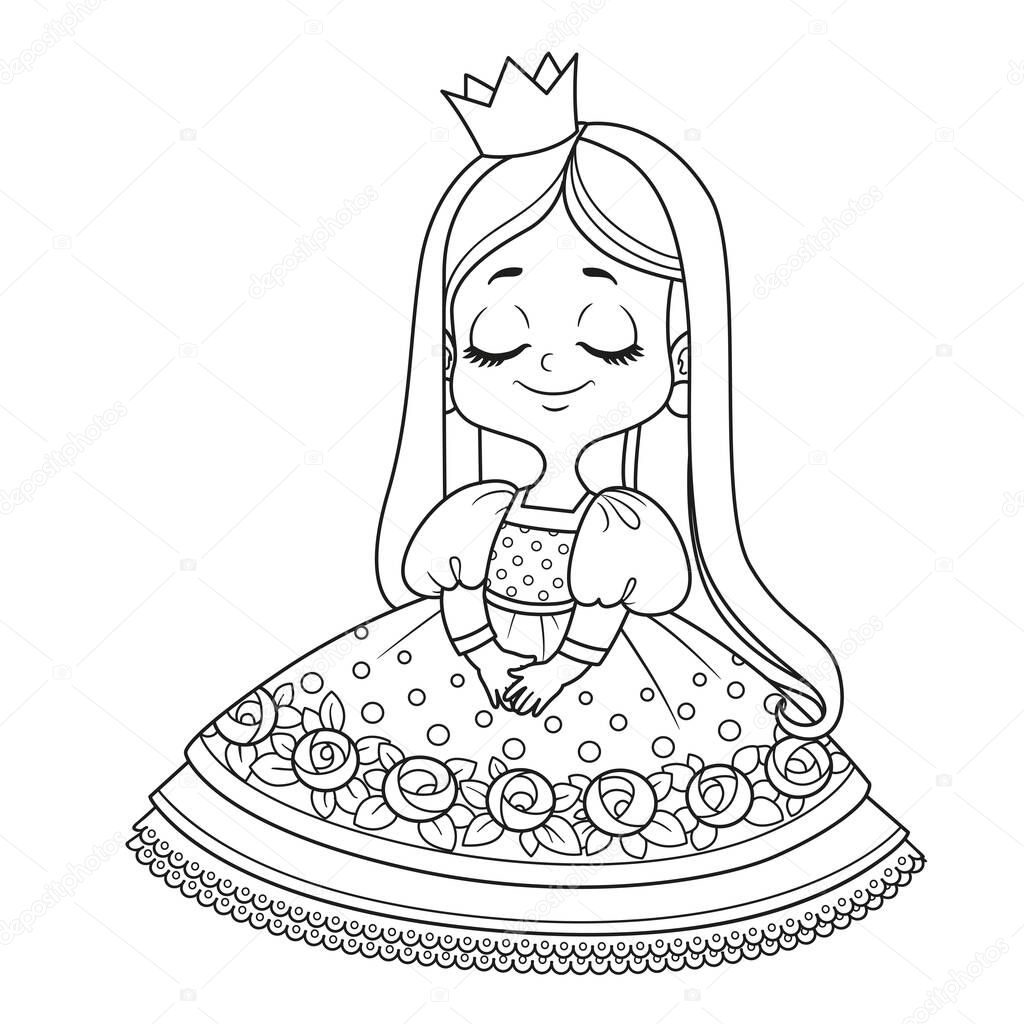 Cute embarrassed princess in a pink dress outlined for coloring book